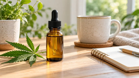 Frasco de aceite de CBD junto a una libreta y una taza sobre madera clara