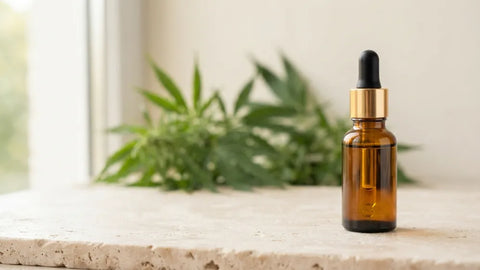 Aceite de CBD en frasco con cuentagotas junto a hojas de cáñamo