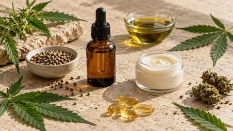 Aceite, crema y otros formatos de CBD sobre una superficie de piedra