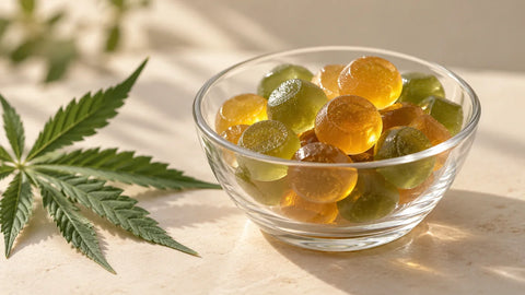 Gominolas de CBD verdes y ámbar en un cuenco de cristal junto a una hoja de cáñamo