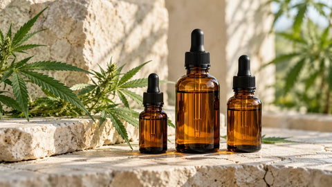 Tres frascos de aceite de CBD de distintos tamaños junto a hojas de cáñamo