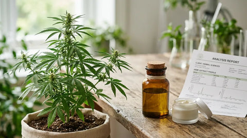 Planta de cáñamo y distintos formatos de productos con CBD