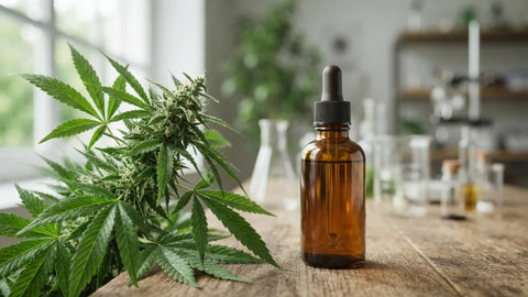 Planta de cáñamo junto a un producto con CBD